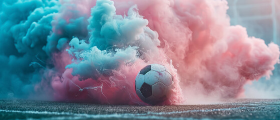 A soccer ball is rolling through a cloud of smoke