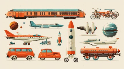 Retro transportation set. Vector illustration of vintage train, cars, plane and other vehicles.