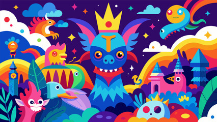 A vibrant and fantastical mural depicting a world filled with mythical creatures inspired by the artists vivid imagination and ADHD.. Vector illustration