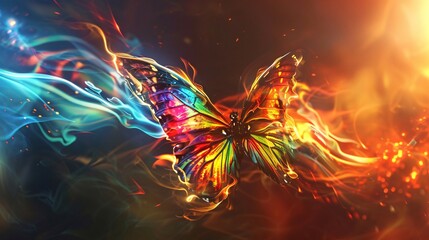 A butterfly is flying through a fire, with its wings glowing in the flames