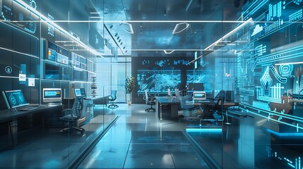 A futuristic office space with transparent screens wrapping around the perimeter, providing immersive AI-assisted work environments