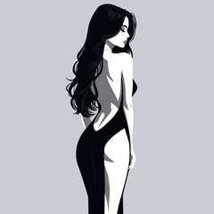 Vector monochrome flat fashion illustration of a young sexy girl in a stylish backless dress with a slit on the leg. Back view.
