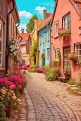Fototapeta na wymiar Charming Medieval Village Street with Vibrant Colors