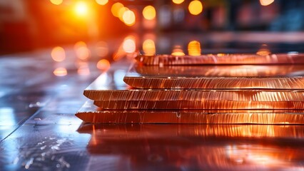 Global copper sheet production prices and market trends in the metal industry. Concept Copper Sheet Production, Metal Industry Trends, Global Market Prices