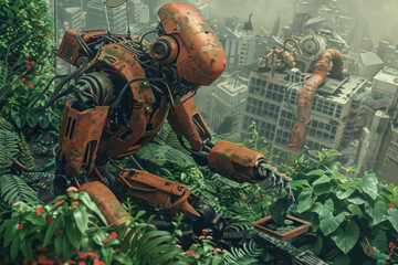 A gardener robot with limbs of twisted copper and hands that blossom into trowels, tending to a rooftop garden of industrial waste plants. - obrazy, fototapety, plakaty