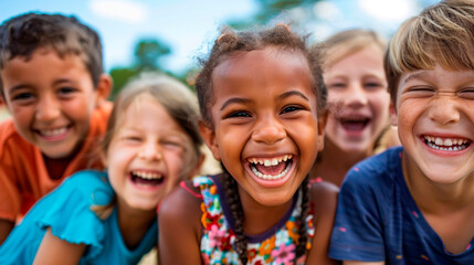 Elementary school international kids having fun outdoors