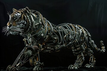 A tiger made of metal wires and wires. The tiger is standing on a black background