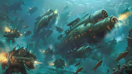 An underwater battle scene, with aqua-marine soldiers in streamlined armor, navigating the ocean currents and coral fortresses, torpedoes mimicking fast-moving fish.
