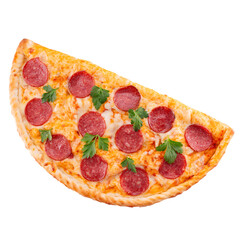 Baked calzone - closed type of pizza that is folded in half decorated with basil twig on a white background