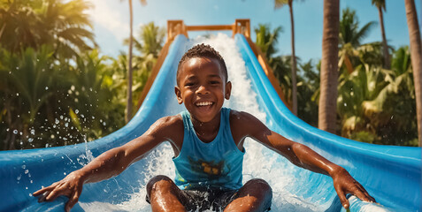 happy little african american boy on water slide in summer