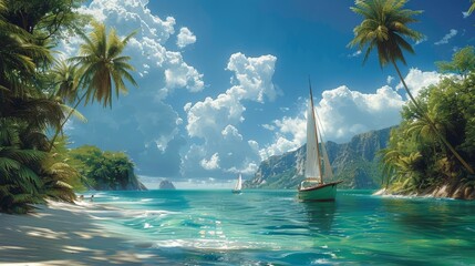 Sarah and Alex embrace Caribbean dreams, their sailboat navigating azure waters past islands adorned with swaying palms. - obrazy, fototapety, plakaty