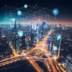 Fototapeta na wymiar Modern cityscape and communication network concept. Telecommunication. IoT (Internet of Things). 5G. Smart city. Digital transformation.