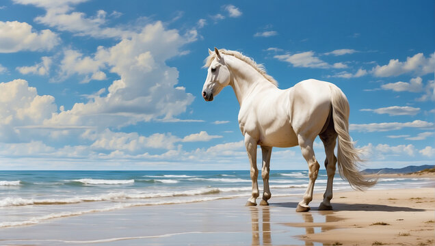 white horse seen from the side, on the beach with small waves and blue sky
