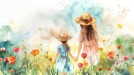 Two Girls Walking Through a Field of Flowers