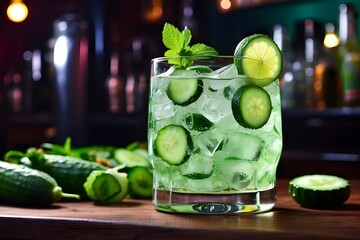 Cocktail on the bar counter of a restaurant or pub, with cucumber and ice. Drink a fresh tonic made with cucumber juice, gin, lime juice, and mint. alcoholic cooler drink in a dark nightclub