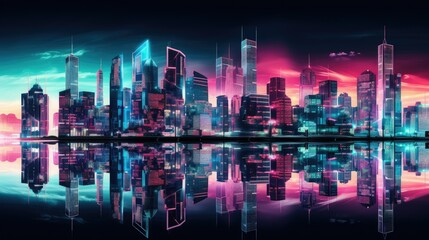 Cybernetic city skyline with neon lights reflecting off sleek surfaces in shades of vibrant teal and magenta