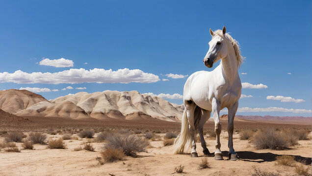 white horse seen from the side, in the desert and blue sky