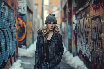 Young woman street fashion graffiti photoshoot