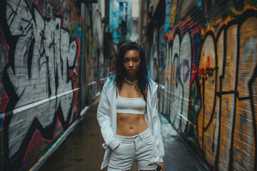 Naklejka premium Young woman street fashion graffiti photoshoot