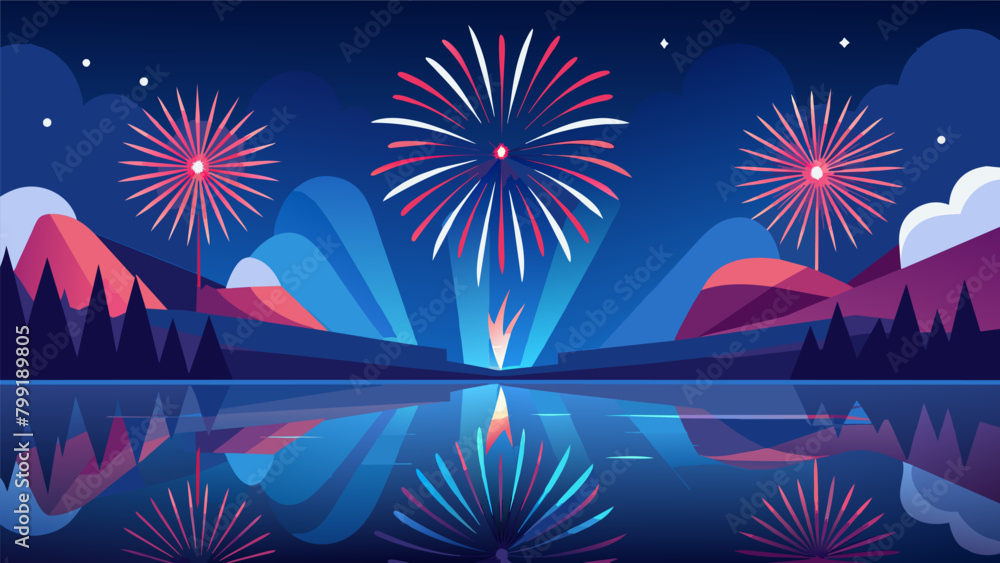 Poster the jubilant festivities of independence day culminating in a dazzling display of fireworks mirrored