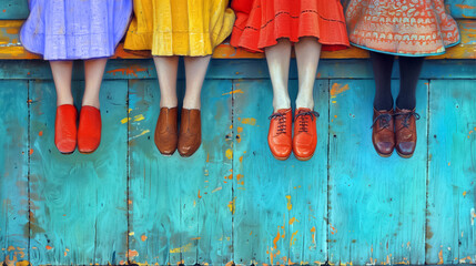 colorful shoes against blue washed boards