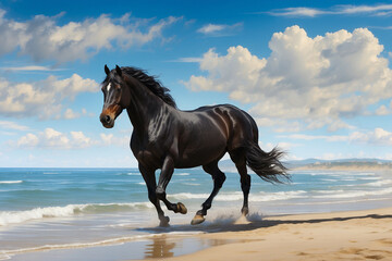 black horse seen from the side, on the beach with small waves and blue sky
