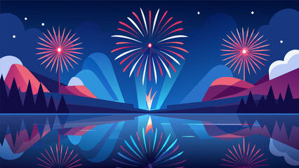 The jubilant festivities of Independence Day culminating in a dazzling display of fireworks mirrored on the surface of a serene lake.. Vector illustration