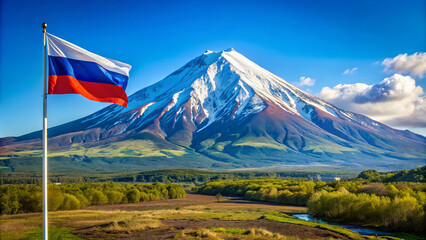 Russian flag on the background of a volcano