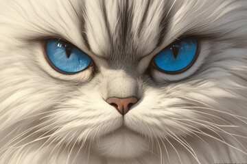 A close-up portrait of a fluffy Persian cat with piercing blue eyes, rendered in hyperrealistic detail