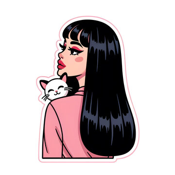 recommend clip art: Elegant Lady with Long Black Hair Holding a White Cat - Sticker Style Illustration