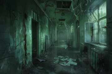 Abandoned Asylum Hallway with Ghostly Shadows