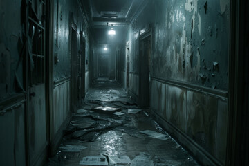 Abandoned Asylum Hallway with Ghostly Shadows - obrazy, fototapety, plakaty