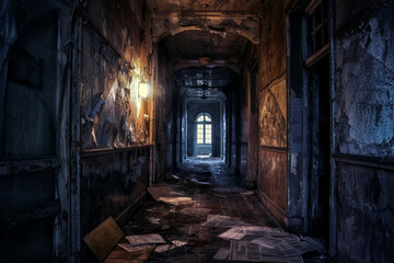 Fototapeta na wymiar Abandoned Asylum Hallway with Ghostly Shadows