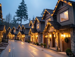 A row of houses with Christmas lights on them. The houses are all lined up on a street