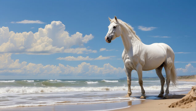 white horse seen from the side, on the beach with small waves and blue sky