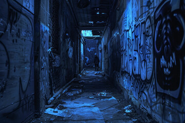 Fototapeta na wymiar Graffiti Alleyway at Night with Shadowy Figure