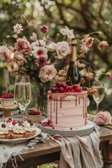  Biscuit layered cake with pink cream, decorated with cherries and a variety of desserts on a beautifully decorated outdoor table