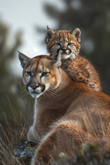Obraz premium A puma and her little baby