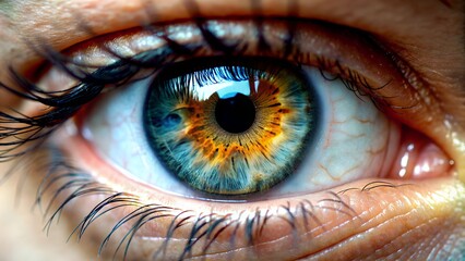  brown eye of woman. Close up. Healthy Eyesight Concept. Front view. Mature Adult Looking at Camera, Blinking Eyelashes. Eye Opening Wide