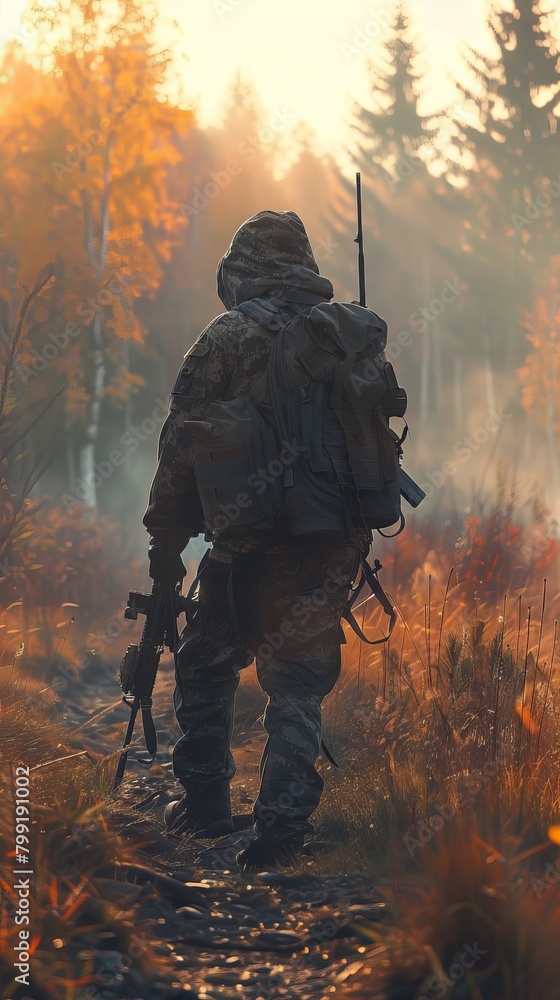 Wall mural Sniper holding a gun, standing on a beautiful field path