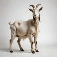 A goat with horns and horns stands on a white background
