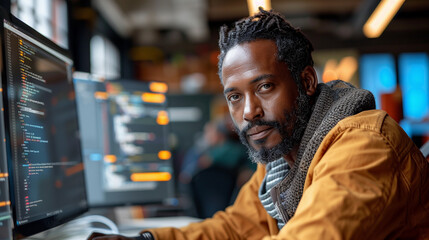 A man, dark-skinned, sits at a computer and looks at you