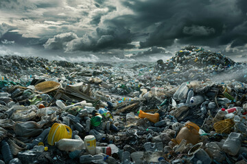 Landfill Overwhelmed by Plastic Waste Under Stormy Skies