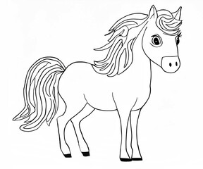 Horse, black lines on white, coloring page template.