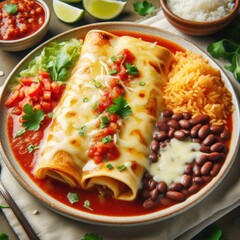 New Mexican flat enchiladas with vegetable chunks and blurred background,High-Quality 16K Photography