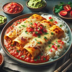 New Mexican flat enchiladas with vegetable chunks and blurred background,High-Quality 16K Photography