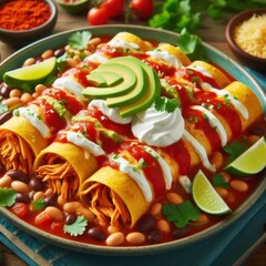 New Mexican flat enchiladas with vegetable chunks and blurred background,High-Quality 16K Photography