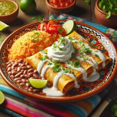 New Mexican flat enchiladas with vegetable chunks and blurred background,High-Quality 16K Photography