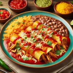 New Mexican flat enchiladas with vegetable chunks and blurred background,High-Quality 16K Photography