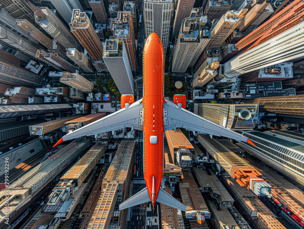 Canvas Prints an orange airplane is flying over a city. concept of freedom and adventure, as the airplane soars hi